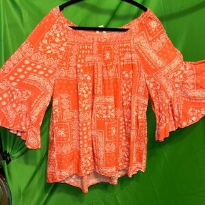 Cato Coral, Paisley Design, Boho 3/4 Bell Slv, Rouched Collar Blouse P2P 19”